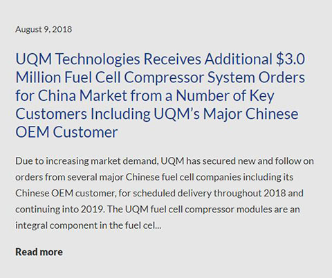 美国UQM公司官方网站报道关于燃料电池空气压缩机系统订单的报道