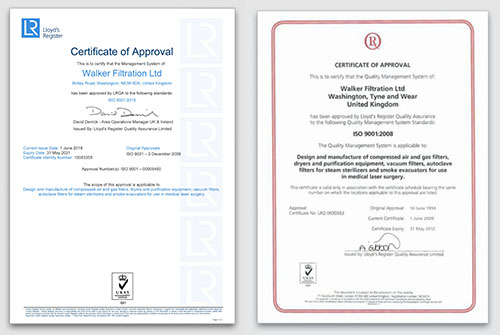 Walker Filtration压缩空气过滤器的劳埃德船级社认证和ISO9001质量管理体认证